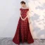 Chic / Beautiful Burgundy Evening Dresses  2017 A-Line / Princess Bow Off-The-Shoulder Backless Short Sleeve Floor-Length / Long Formal Dresses