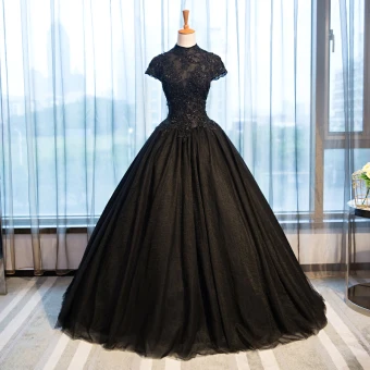 Chic Belle Robe De Soirée 2017 Robe Boule En Dentelle Fleur Cristal Perlage Col Haut Dos Nu Manches Courtes Longue Robe De Ceremonie