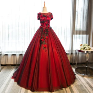 Chic Belle Bordeaux Robe De Bal 2017 Robe Boule Papillon Appliques Fleurs Artificielles Encolure Dégagée Dos Nu Manches Courtes Longue Robe De Ceremonie