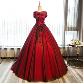 Chic Beautiful Burgundy Prom Dresses 2017 Ball Gown Butterfly Appliques Artificial Flowers Scoop Neck Backless Short Sleeve Floor Length Long Formal Dresses