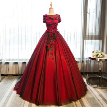 Chic Beautiful Burgundy Prom Dresses 2017 Ball Gown Butterfly Appliques Artificial Flowers Scoop Neck Backless Short Sleeve Floor Length Long Formal Dresses