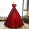 Chic / Beautiful Burgundy Prom Dresses 2017 Ball Gown Butterfly Appliques Artificial Flowers Scoop Neck Backless Short Sleeve Floor-Length / Long Formal Dresses