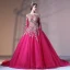 Chic / Beautiful Fuchsia Prom Dresses 2017 Ball Gown Lace Flower Pearl Scoop Neck Backless Long Sleeve Court Train Formal Dresses