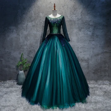 Classique Vert Foncé Robe De Bal 2017 Robe Boule En Dentelle Fleur Cristal Encolure Dégagée Manches Longues Longue Robe De Ceremonie