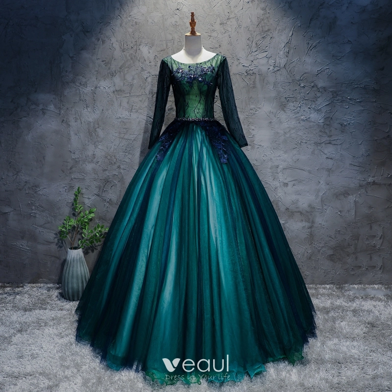 Classic Dark Green Prom Dresses 2017 Ball Gown Lace Flower Crystal Scoop Neck Long Sleeve Floor-Length / Long Formal Dresses Classic Dark Green Prom Dresses 2017 Ball Gown Lace Flower Crystal Scoop Neck Long Sleeve Floor-Length / Long Formal Dresses