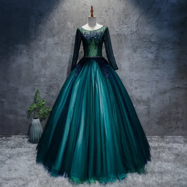 Classic Dark Green Prom Dresses 2017 Ball Gown Lace Flower Crystal Scoop Neck Long Sleeve Floor-Length / Long Formal Dresses
