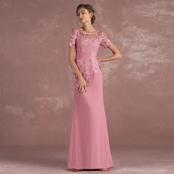 Chic Beautiful Candy Pink Mother Of The Bride Dresses 2018 Trumpet Mermaid Lace Flower Scoop Neck Backless Short Sleeve Floor Length Long Wedding Party Dresses