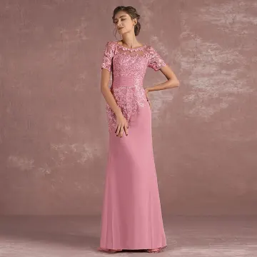 Chic Belle Rose Bonbon Robe De Mère De Mariée 2018 Trompette Sirène En Dentelle Fleur Encolure Dégagée Dos Nu Manches Courtes Longue Robe Pour Mariage