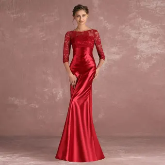 Chic Beautiful Burgundy Mother Of The Bride Dresses 2018 Trumpet Mermaid Lace Scoop Neck Backless 3 4 Sleeve Floor Length Long Wedding Party Dresses