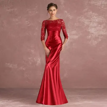 Chic Beautiful Burgundy Mother Of The Bride Dresses 2018 Trumpet Mermaid Lace Scoop Neck Backless 3 4 Sleeve Floor Length Long Wedding Party Dresses
