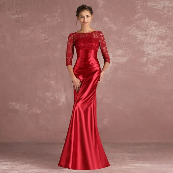 Chic / Beautiful Burgundy Mother Of The Bride Dresses 2018 Trumpet / Mermaid Lace Scoop Neck Backless 3/4 Sleeve Floor-Length / Long Wedding Party Dresses