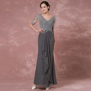 Chic Beautiful Grey Mother Of The Bride Dresses 2018 Trumpet Mermaid Lace Sequins V Neck Backless 1 2 Sleeves Ankle Length Wedding Party Dresses