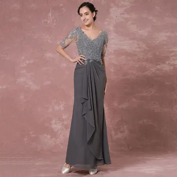 Chic Belle Gris Robe De Mère De Mariée 2018 Trompette Sirène Dentelle Paillettes V Cou Dos Nu 1 2 Manches Longueur Cheville Robe Pour Mariage