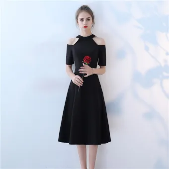 Chic Beautiful Black Homecoming Evening Dresses 2017 A Line Princess Scoop Neck Strapless Short Sleeve Knee Length Formal Dresses