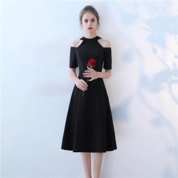Chic / Beautiful Black Homecoming Evening Dresses 2017 A-Line / Princess Scoop Neck Strapless Short Sleeve Knee-Length Formal Dresses