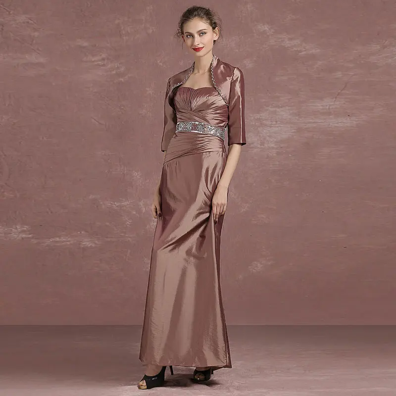 Chic Beautiful Brown Mother Of The Bride Dresses 2018 A Line Princess  Crystal Sequins Strapless 1 2 Sleeves Ankle Length Wedding Party Dresses