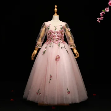 Chic Beautiful Blushing Pink Flower Girl Dresses 2017 A Line Princess Lace Appliques Pearl Scoop Neck 3 4 Sleeve Floor Length Long Wedding Party Dresses