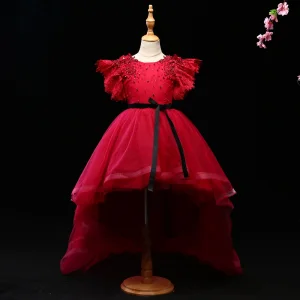 Chic Beautiful Burgundy Flower Girl Dresses 2017 Ball Gown Crystal Appliques Bow Scoop Neck Backless Short Sleeve Asymmetrical Wedding Party Dresses
