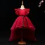 Chic / Beautiful Burgundy Flower Girl Dresses 2017 Ball Gown Crystal Appliques Bow Scoop Neck Backless Short Sleeve Asymmetrical Wedding Party Dresses