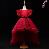 Chic / Beautiful Burgundy Flower Girl Dresses 2017 Ball Gown Crystal Appliques Bow Scoop Neck Backless Short Sleeve Asymmetrical Wedding Party Dresses