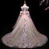 Luxury / Gorgeous Blushing Pink Flower Girl Dresses 2017 Ball Gown Lace Appliques Bow High Neck Sleeveless Asymmetrical Court Train Wedding Party Dresses