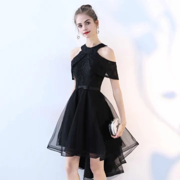 Chic Beautiful Cocktail Dresses 2017 A Line Princess Lace Bow Scoop Neck Strapless Backless Short Sleeve Asymmetrical Formal Dresses