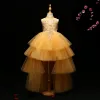 Chic / Beautiful Detachable Flower Girl Dresses 2017 Ball Gown Lace Appliques Crystal High Neck Sleeveless Asymmetrical Wedding Party Dresses