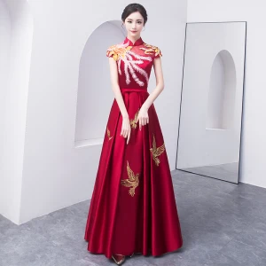 Chinese Style Burgundy Evening Dresses 2018 A Line Princess Bow Embroidered High Neck Backless Cap Sleeves Floor Length Long Formal Dresses