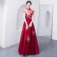 Chinese style Burgundy Evening Dresses  2018 A-Line / Princess Bow Embroidered High Neck Backless Cap Sleeves Floor-Length / Long Formal Dresses