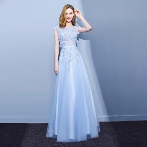Élégant Bleu Ciel Robe De Soirée 2018 Princesse En Dentelle Fleur Appliques Perlage Perle Encolure Dégagée Dos Nu Sans Manches Longue Robe De Ceremonie