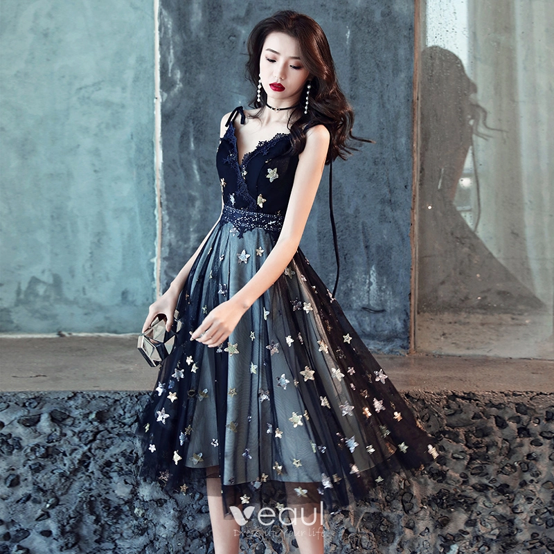 Black Lace Modest Knee Length Formal Prom Evening Dress