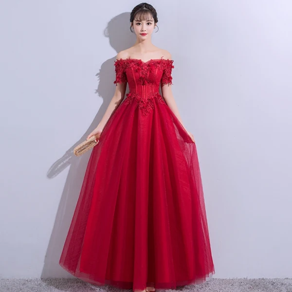Élégant Bordeaux Robe De Soirée 2018 Princesse En Dentelle Fleur Appliques Cristal Dos Nu De l'épaule Manches Courtes Longue Robe De Ceremonie