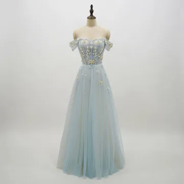 Chic Belle Bleu Ciel Robe De Bal 2018 Princesse En Dentelle Fleur Appliques Perle De L Épaule Dos Nu Manches Courtes Longue Robe De Ceremonie