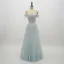 Chic / Beautiful Sky Blue Prom Dresses 2018 A-Line / Princess Lace Flower Appliques Pearl Off-The-Shoulder Backless Short Sleeve Floor-Length / Long Formal Dresses