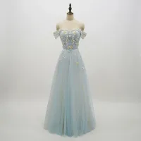 Chic / Beautiful Sky Blue Prom Dresses 2018 A-Line / Princess Lace Flower Appliques Pearl Off-The-Shoulder Backless Short Sleeve Floor-Length / Long Formal Dresses