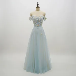 Schöne Himmelblau Ballkleider 2018 A Linie Spitze Blumen Applikationen Perle Off Shoulder Rückenfreies Kurze Ärmel Lange Festliche Kleider