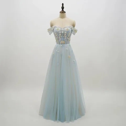 Chic / Beautiful Sky Blue Prom Dresses 2018 A-Line / Princess Lace Flower Appliques Pearl Off-The-Shoulder Backless Short Sleeve Floor-Length / Long Formal Dresses