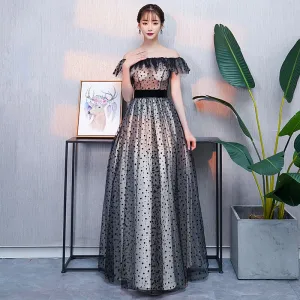 Moderne Mode Noire Robe De Bal 2018 Princesse Tachetée De L Épaule Dos Nu Manches Courtes Longue Robe De Ceremonie