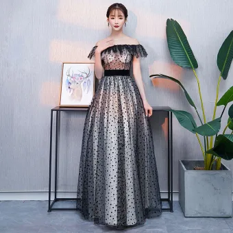 Moderne Mode Noire Robe De Bal 2018 Princesse Tachetée De L Épaule Dos Nu Manches Courtes Longue Robe De Ceremonie