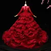 Chic / Beautiful Burgundy Flower Girl Dresses 2017 Ball Gown Lace Appliques Crystal Sequins Scoop Neck 3/4 Sleeve Court Train Wedding Party Dresses