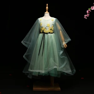 Chic Belle Vert Cendré Robe Ceremonie Fille 2017 Princesse Appliques Noeud Encolure Dégagée Dos Nu Manches Longues Longueur Cheville Robe Pour Mariage