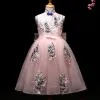 Chic / Beautiful Blushing Pink Flower Girl Dresses 2017 Ball Gown Appliques Pearl Bow High Neck Sleeveless Tea-length Wedding Party Dresses