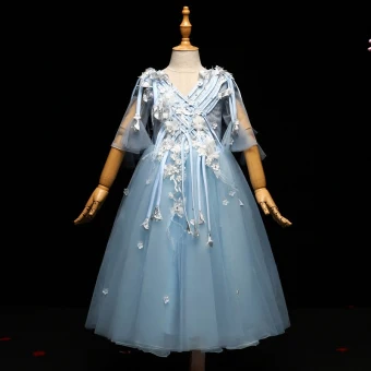 Chic Beautiful Pool Blue Flower Girl Dresses 2017 Appliques Tassel Pearl V Neck Backless 1 2 Sleeves Ankle Length A Line Princess Wedding Party Dresses