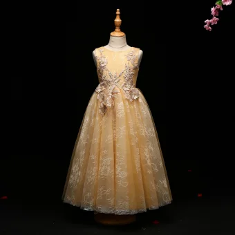 Chic Beautiful Champagne Flower Girl Dresses 2017 A Line Princess Lace Appliques Pearl Sequins Scoop Neck Backless Sleeveless Ankle Length Wedding Party Dresses