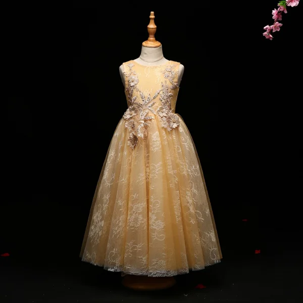 Fine Champagne Blomsterpikekjoler 2017 Prinsesse Blonder Appliques Perle Paljetter Scoop Halsen Ryggløse Uten Ermer Ankel Lengde Kjoler Til Bryllup