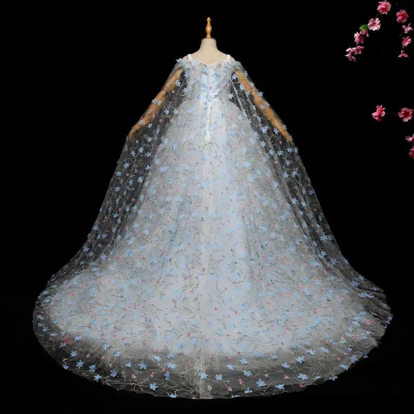 Elegant Sky Blue Flower Girl Dresses 2017 Ball Gown Lace Appliques Strapless Sleeveless Court Train Wedding Party Dresses