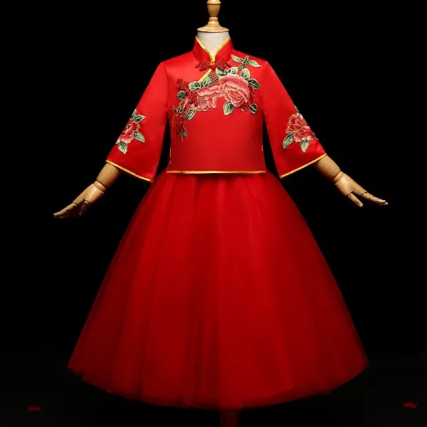 Chic / Belle Rouge Style Chinois 2 Pièces Robe Ceremonie Fille 2017 Robe Boule Brodé Noeud Col Haut Sans Manches Longue Robe Pour Mariage