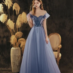 Élégant Océan Bleu Robe De Bal Princesse 2021 Encolure Dégagée Faux Diamant Paillettes Manches Courtes Dos Nu Longue Robe De Ceremonie