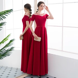 Chic Belle Bordeaux Robe De Soirée 2018 Princesse Volants Cristal Encolure Dégagée Manches Courtes Longue Robe De Ceremonie