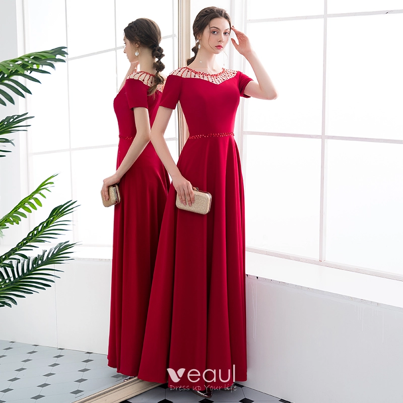 Chic Beautiful Burgundy Evening Dresses 2018 A Line Princess Ruffle Crystal Scoop Neck Short Sleeve Floor Length Long Formal Dresses